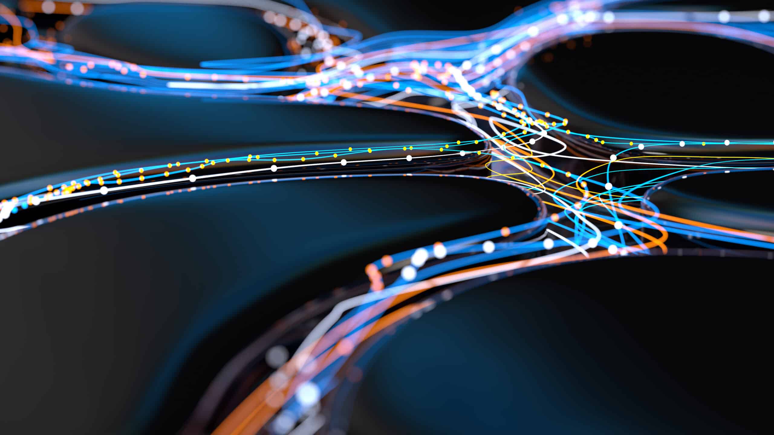 Abstract image of internet connection and a flowing data on a dark blue background.