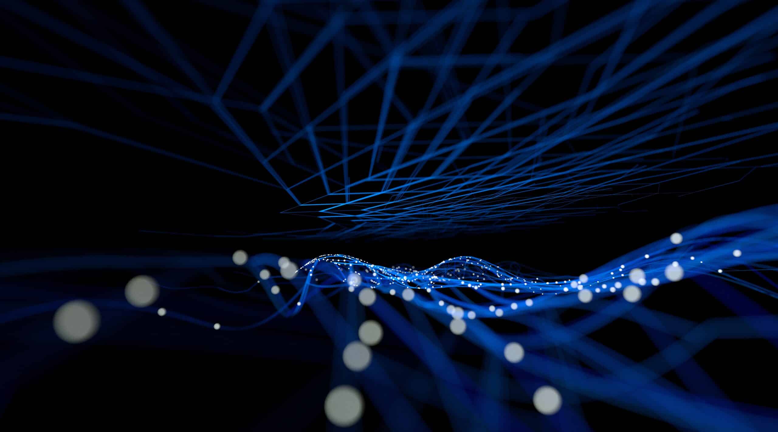 Close up of network data flowing on black background.