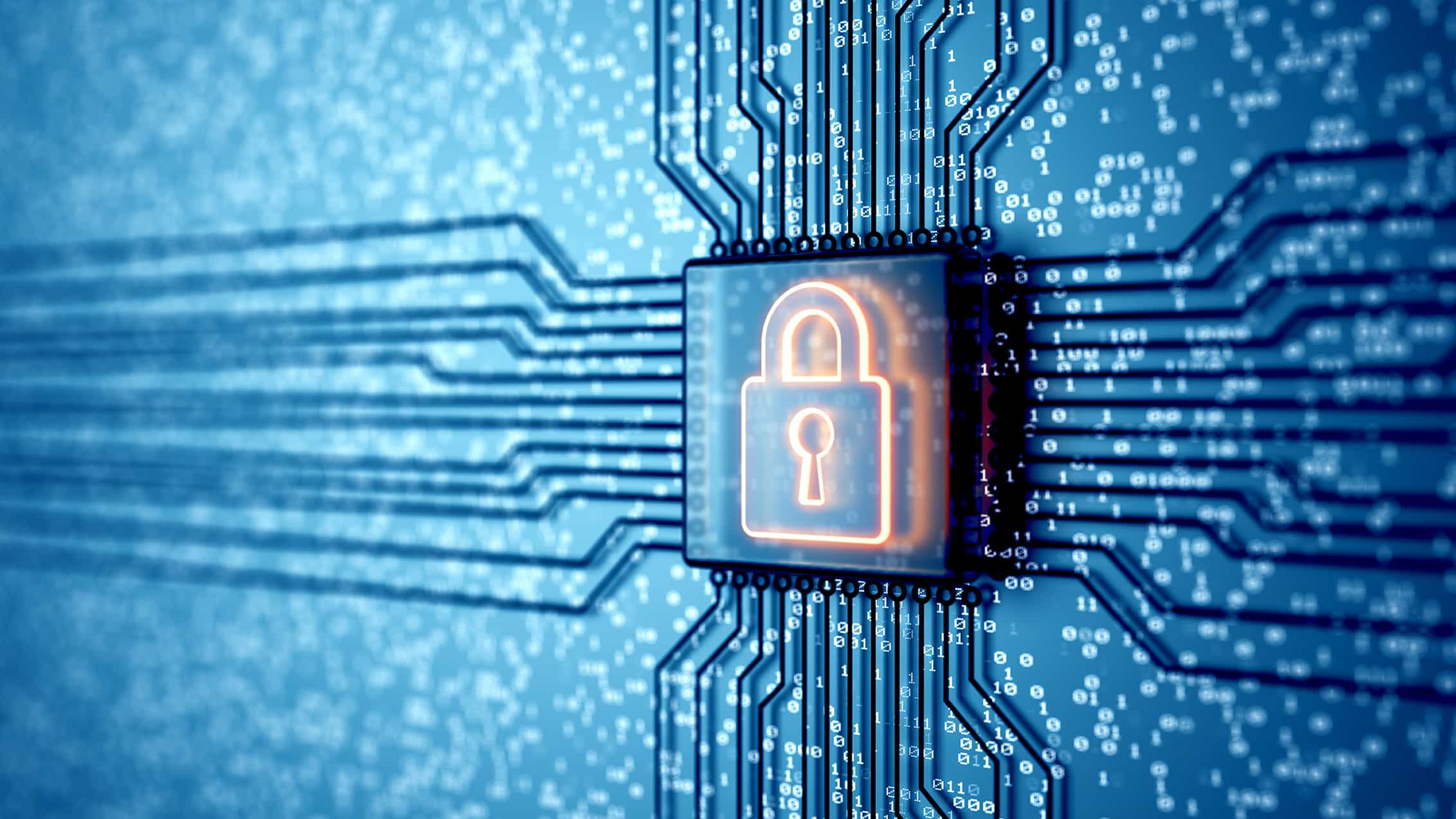 Electronic quantum computer microchip with lock icon.